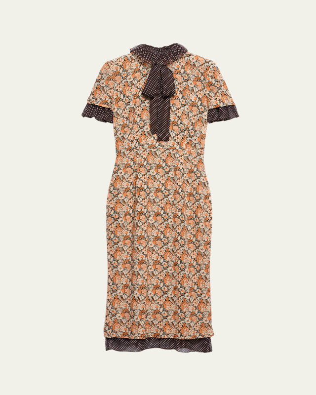 Floral Georgette & Polka-Dot Chiffon Layered Midi Dress with Bow